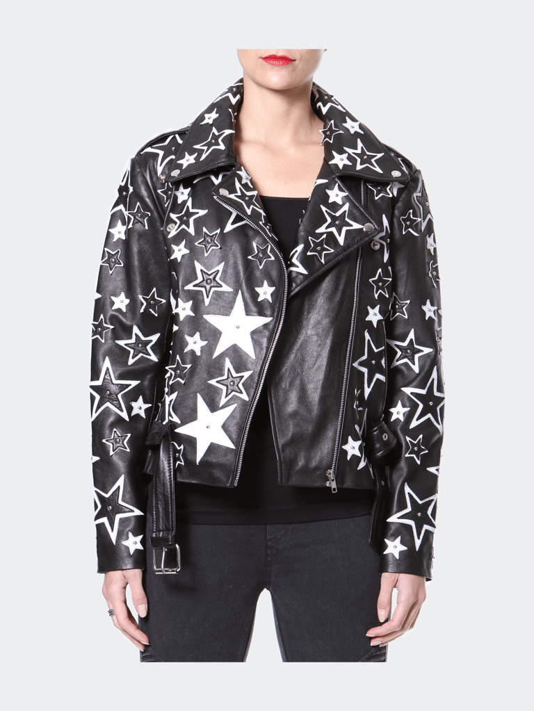 Star Embroidered Leather Moto Jacket - Black/White