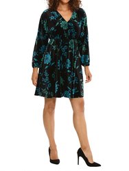 London Times Velvet Print Dress - Blk/Teal