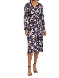Long Sleeve Wrap Midi Dress - Navy Floral