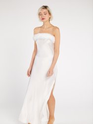 Floor-Length Silk Slip Dress With Faux Fur Trim - White