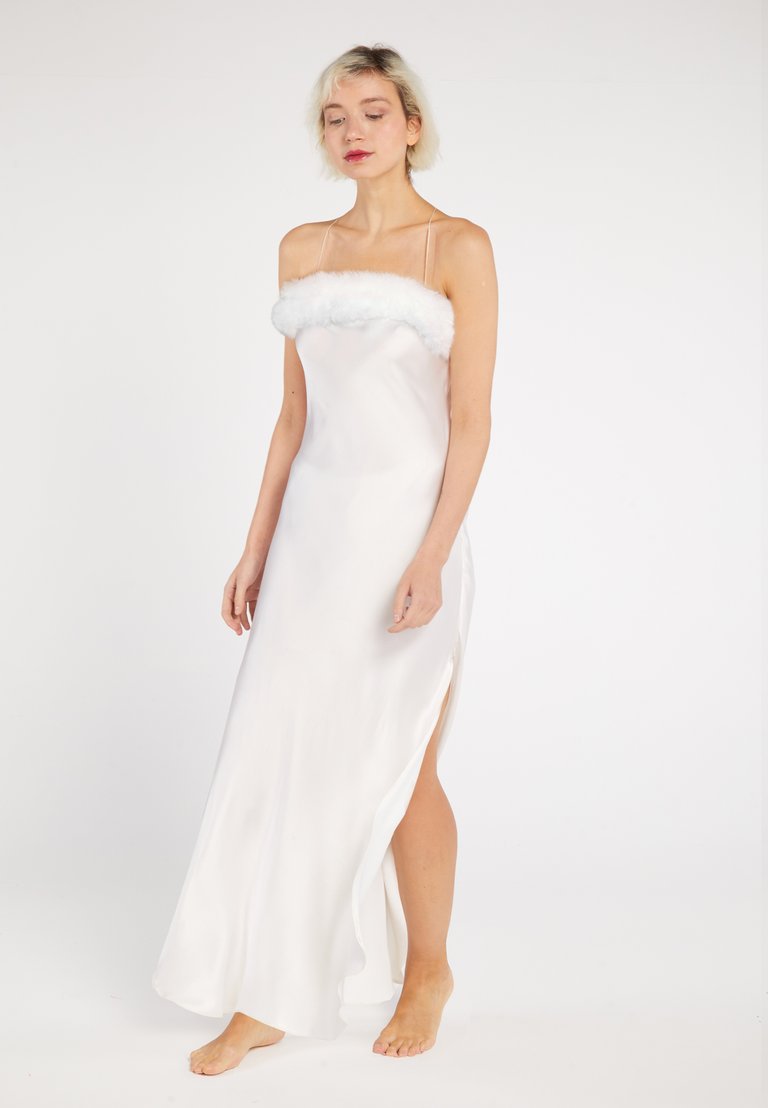 Floor-Length Silk Slip Dress With Faux Fur Trim - White