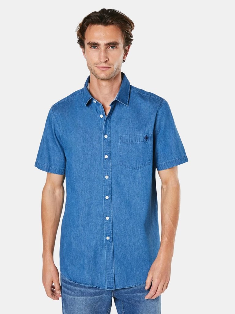 Maine Mens Denim Short-Sleeved Shirt (Mid Blue) - Mid Blue