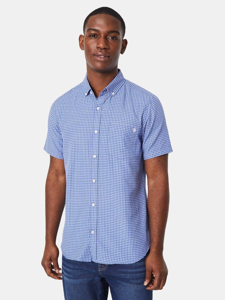 Maine Mens Grid Checked Short-Sleeved Shirt (Navy) - Navy