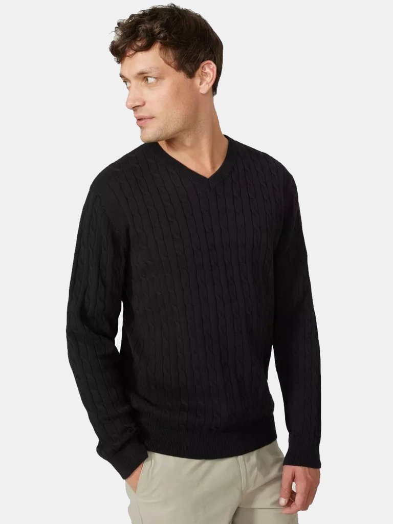 Maine Mens Premium Cable Cotton V Neck Sweater (Black) - Black