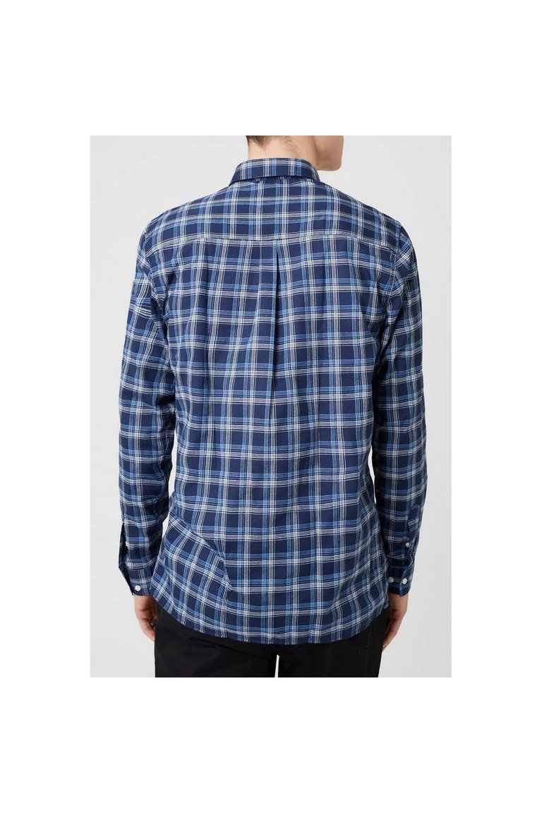 Mens Classic Double Checked Long-Sleeved Shirt - Blue