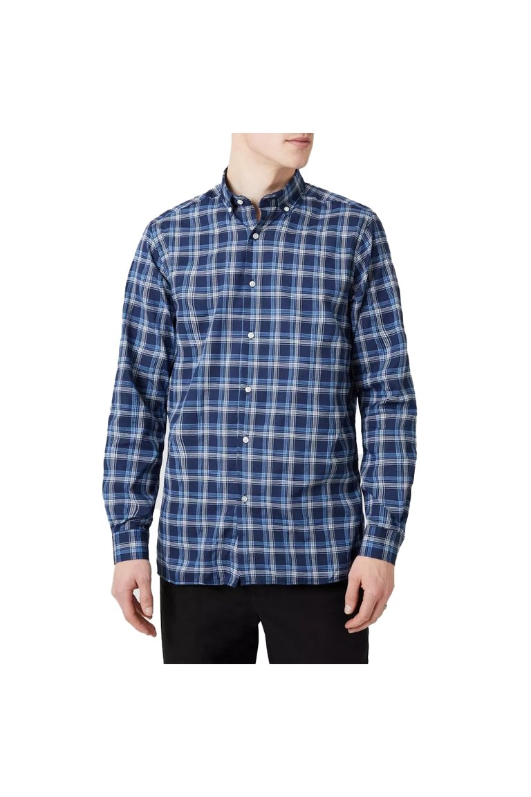 Mens Classic Double Checked Long-Sleeved Shirt - Blue - Blue