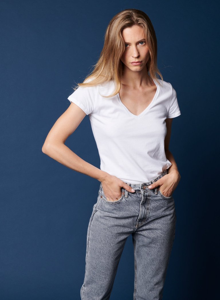 Cotton 'Silk Touch' Short Sleeve V-Neck T-Shirt - Blanc