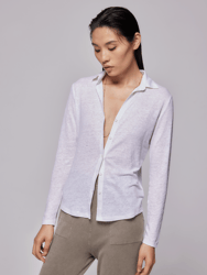 Stretch Linen Long Sleeve Button Front Shirt - Blanc