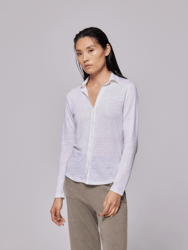 Stretch Linen Long Sleeve Button Front Shirt - Blanc - Blanc