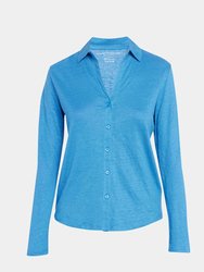 Stretch Linen Long Sleeve Button Front Shirt - Ocean