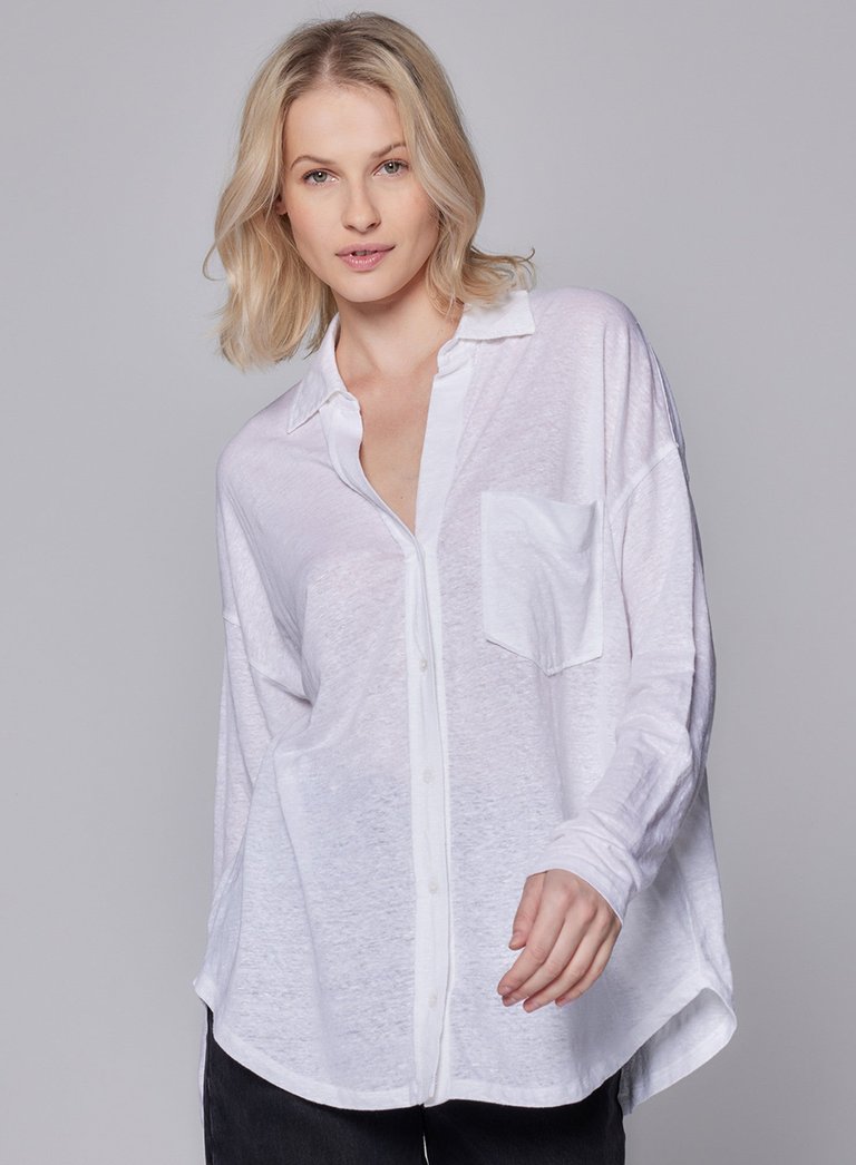 Stretch Linen Relaxed One Pocket Shirt - Blanc