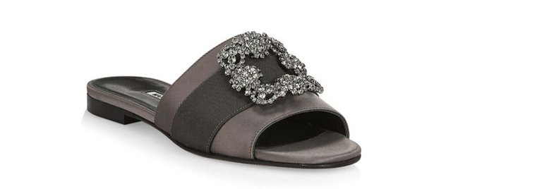 Manolo Blahnik Women Gray Martamod Crystal Embellished Satin Flat Mules Sandals - Gray