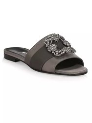 Women Gray Martamod Crystal Embellished Satin Flat Mules Sandals - Gray