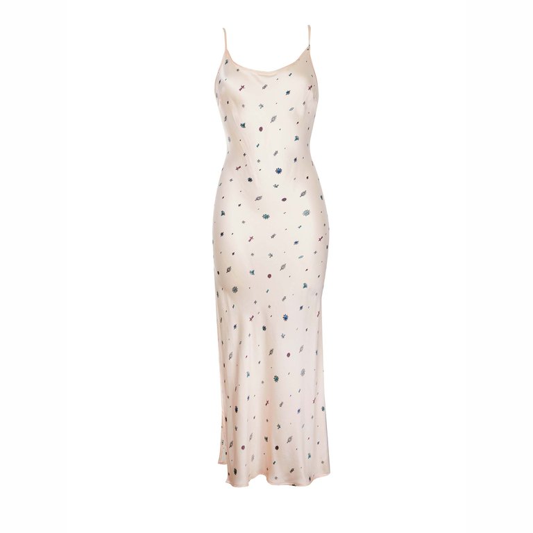 Rose Quartz Silk Charmeuse Bias Slip Dress - Cream Silk with Jewel Print