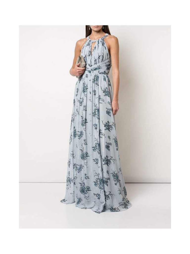 Halter Printed Lurex Chiffon Gown - Dusty Blue