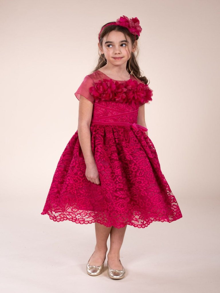 Flower Embellished Lace Gown - Fuchsia