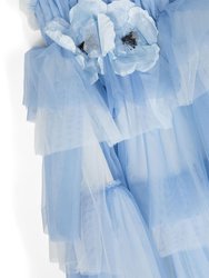 Flower-Embellished Tulle Gown - Light Blue
