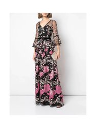 3/4 Floral Embroidered Gown - Rose