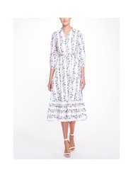 3/4 Length Sleeve Floral Stripe Day Dress - White