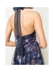 3D Floral Shirred Halter Dress