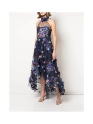 3D Floral Shirred Halter Dress