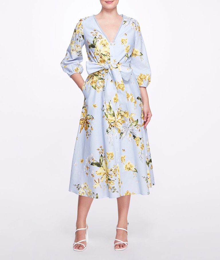 A-line Midi Dress With Balloon Sleeves - Dusty Blue - Dusty Blue