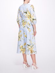 A-line Midi Dress With Balloon Sleeves - Dusty Blue