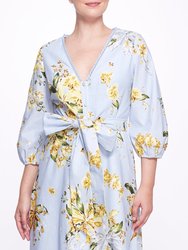 A-line Midi Dress With Balloon Sleeves - Dusty Blue