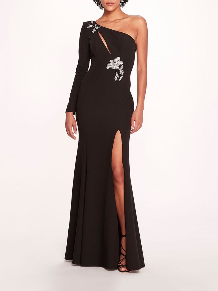 Beaded Floral Gown - Black - Black