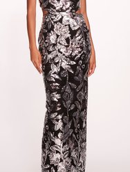 Botanical Sequin Gown - Black/Silver