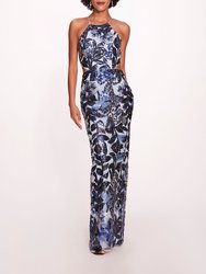 Botanical Sequin Gown - Sky Blue Navy