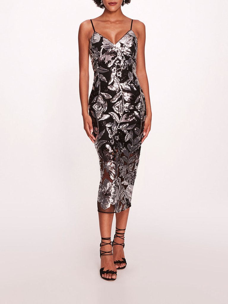 Botanical Sequin Midi Dress - Black/Silver - Black Silver