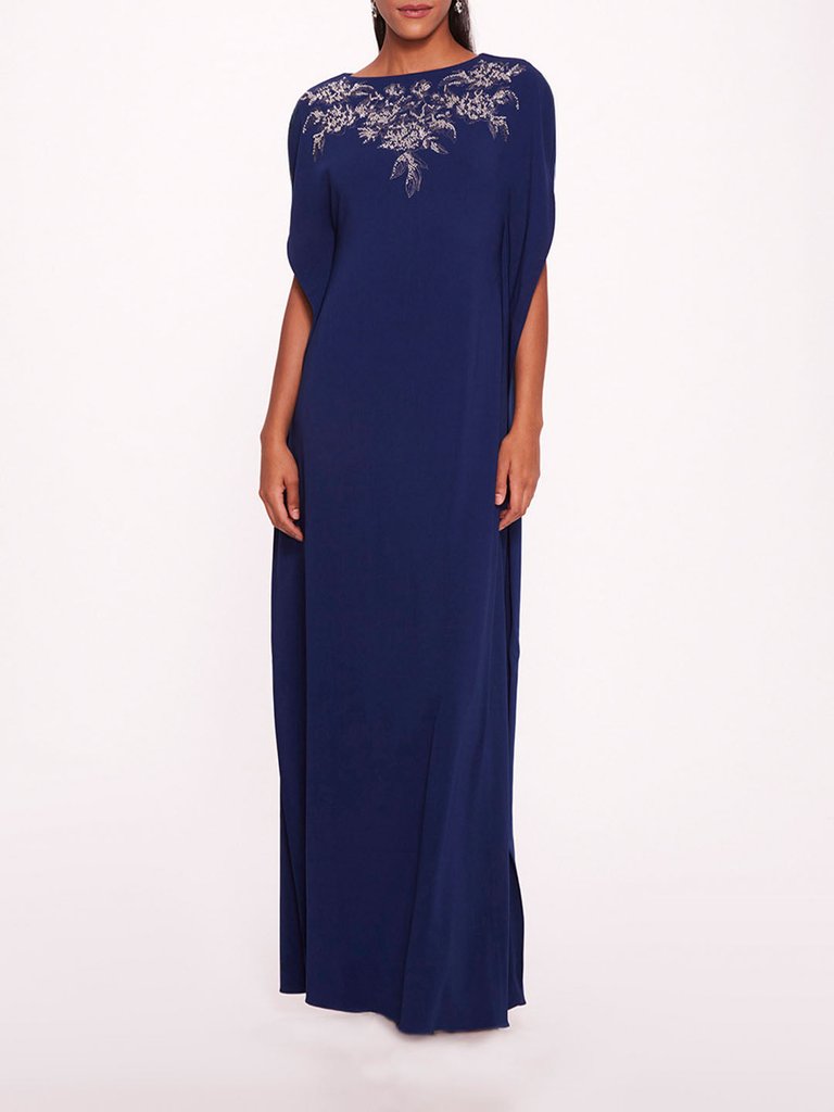 Embroidered Crepe Kaftan Dress - Navy