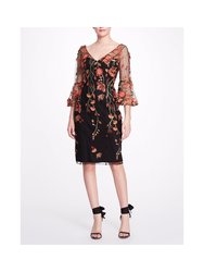 Embroidered Floral Cocktail Dress - Black