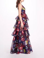 Embroidered Organza V-Neck Gown - Navy