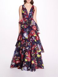 Embroidered Organza V-Neck Gown - Navy - Navy