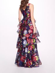 Embroidered Organza V-Neck Gown - Navy