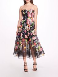 Embroidered Strapless Tea-Length Gown - Black/Pink