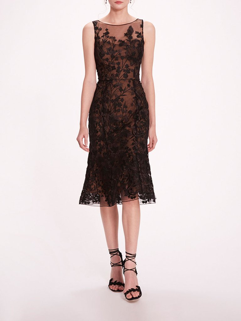 Embroidered Tulle Midi Dress - Black - Black