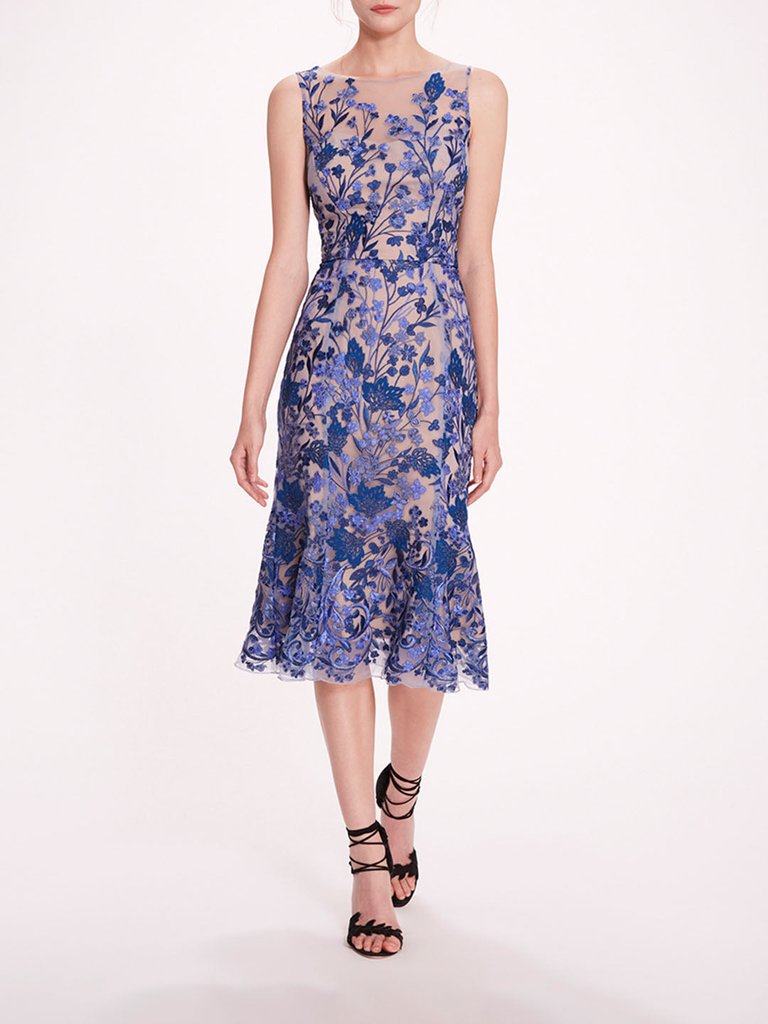 Embroidered Tulle Midi Dress - Blue - Blue