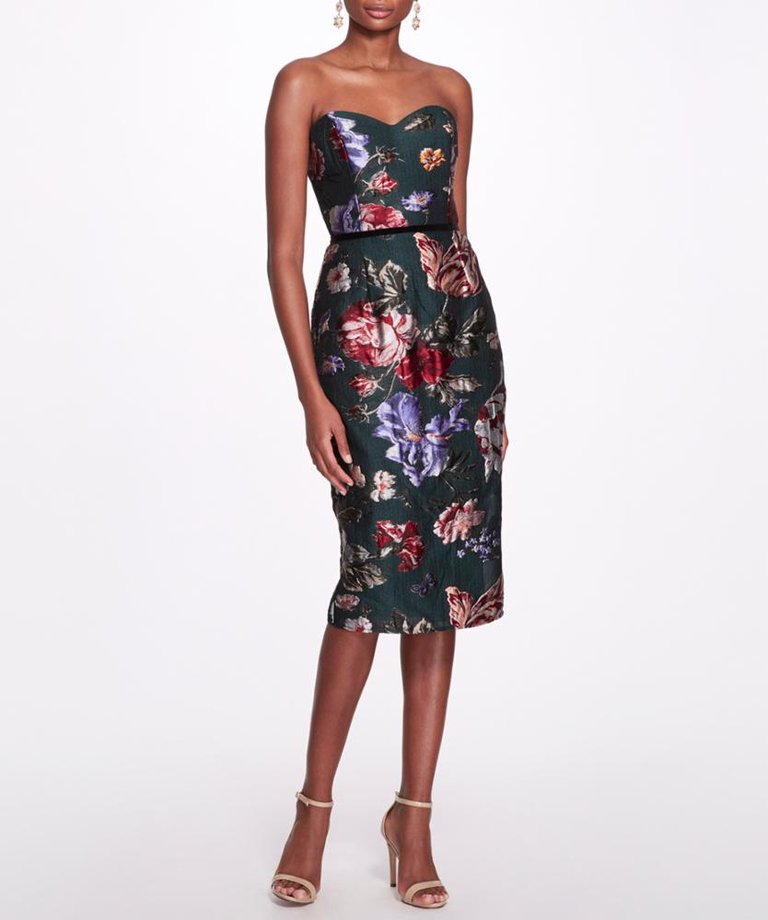 Floral Fil Coupé Tea-length Gown - Forest Green - Forest Green
