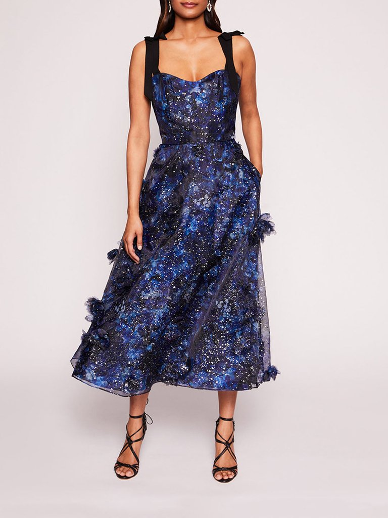 Foiled Garden Midi Dress - Navy/Silver - Navy/Silver