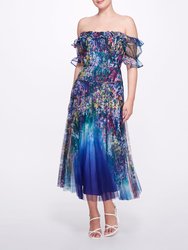 Garden Print Tea-Length Gown - Cobalt