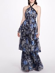 Halter Neck Three-Tiered Flower Tulle Gown - Navy