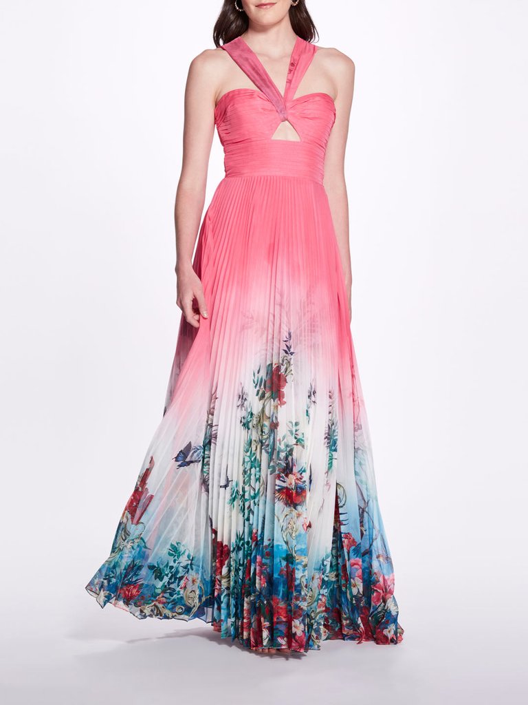 Halter Ombre Floral Gown - Pink - Pink