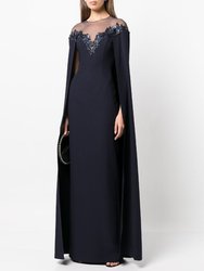 Illusion Neck Crepe Gown - Navy