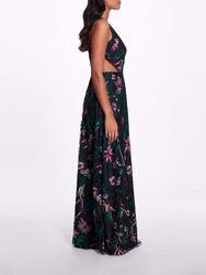 Keyhole Back Floral Gown - Black