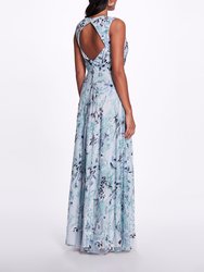 Keyhole Back Floral Gown - Slate Blue