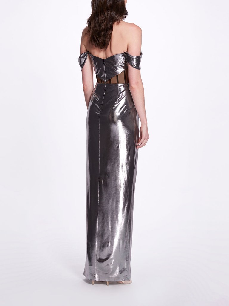 Metallic Cutout Off Shoulder Gown - Gunmetal