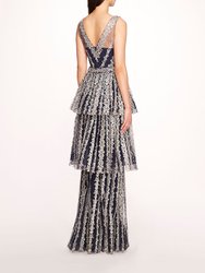 Metallic Filigree Gown - Navy Gunmetal